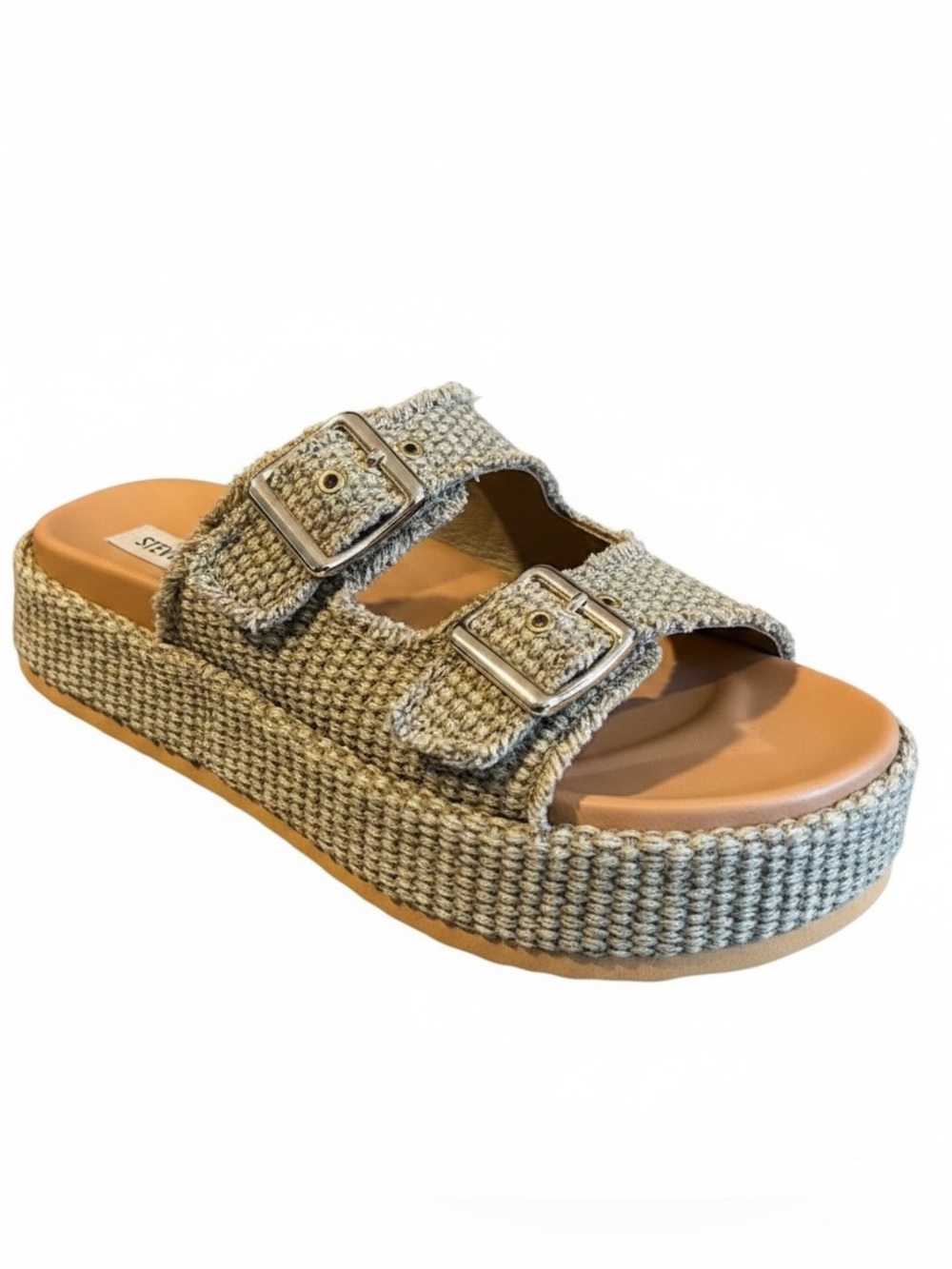Steve Madden Kerrigan Sz 8.5 Raffia Dual-Buckle Platform Slides Olive | GUC - Picture 2 of 11